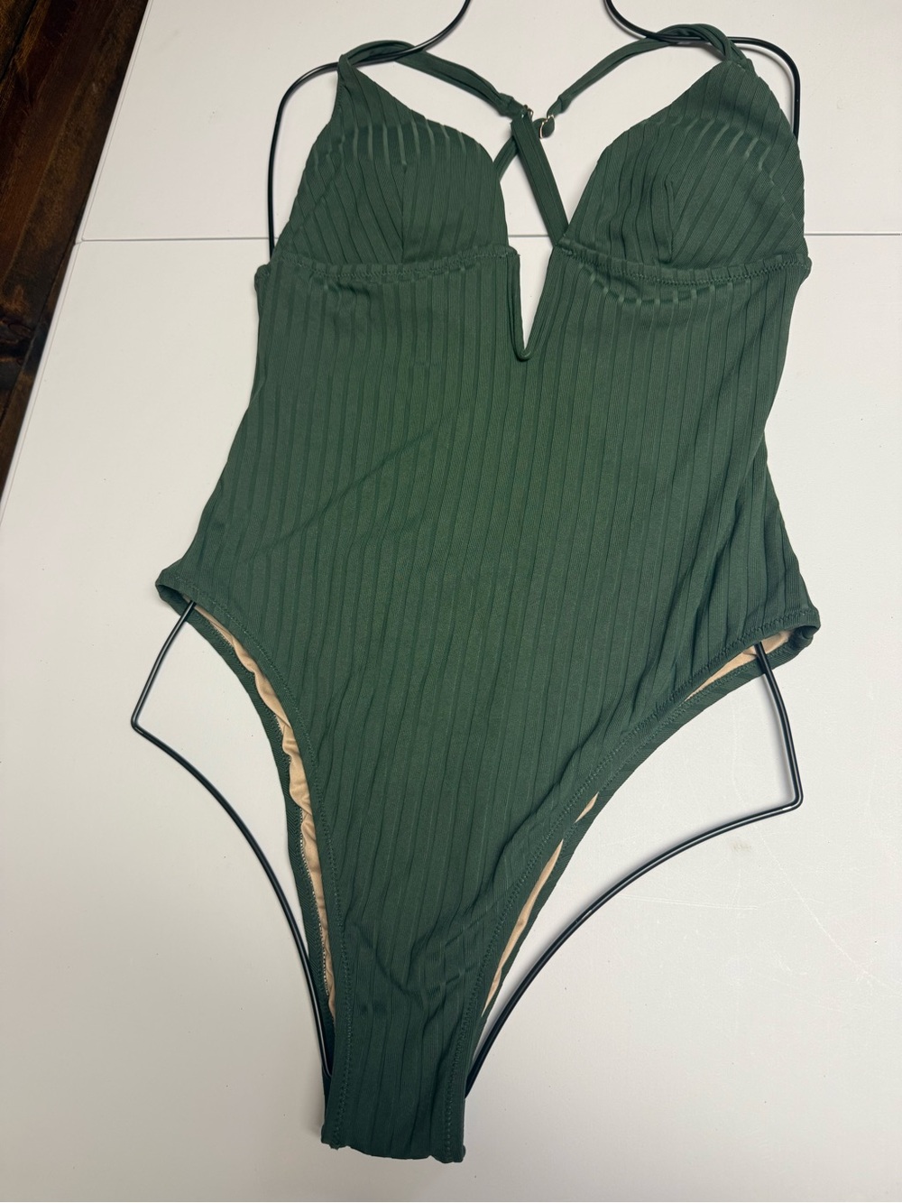 Shade & Shore Ribbed One-Piece Swimsuit in Green Size L low back cross straps - Picture 2 of 10